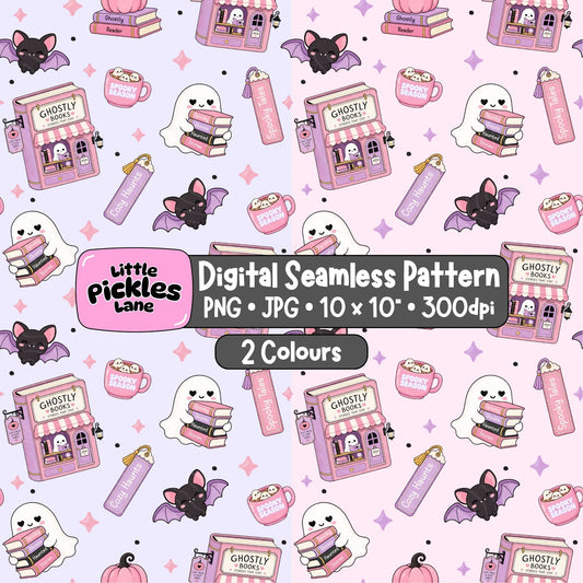Ghostly Books spooky season seamless digital paper in two pastel colourways featuring ghost readers, pink bookshops, bats and Halloween bookmarks.