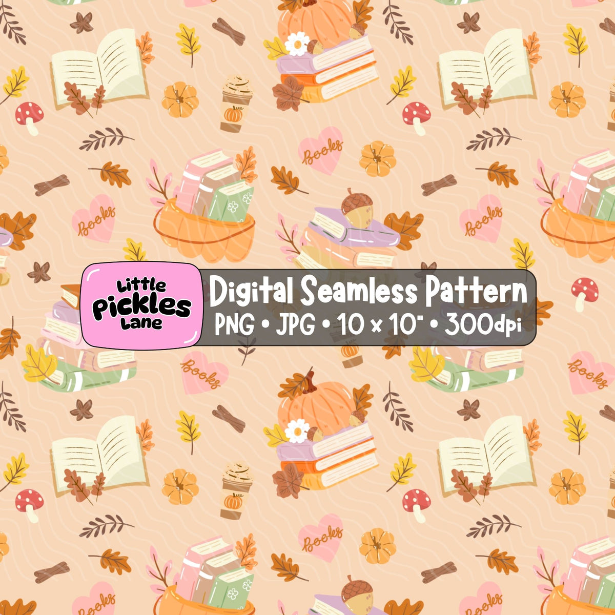 Cozy autumn bookish seamless digital pattern featuring pumpkins, stacked books, coffee, mushrooms and fall foliage on a peach background.