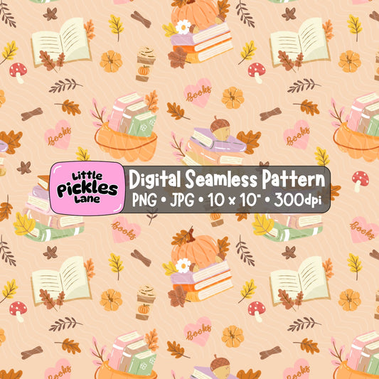 Cozy autumn bookish seamless digital pattern featuring pumpkins, stacked books, coffee, mushrooms and fall foliage on a peach background.