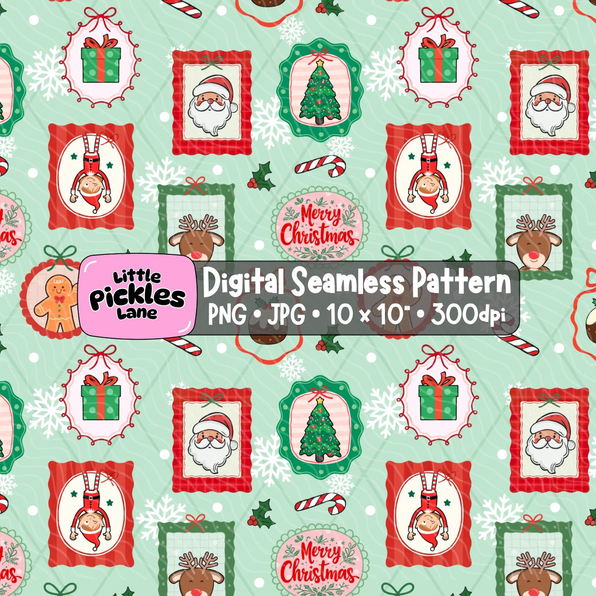 Christmas portrait frames seamless pattern with vintage-style festive illustrations, Santa, Rudolph, gingerbread and Christmas trees on mint green.