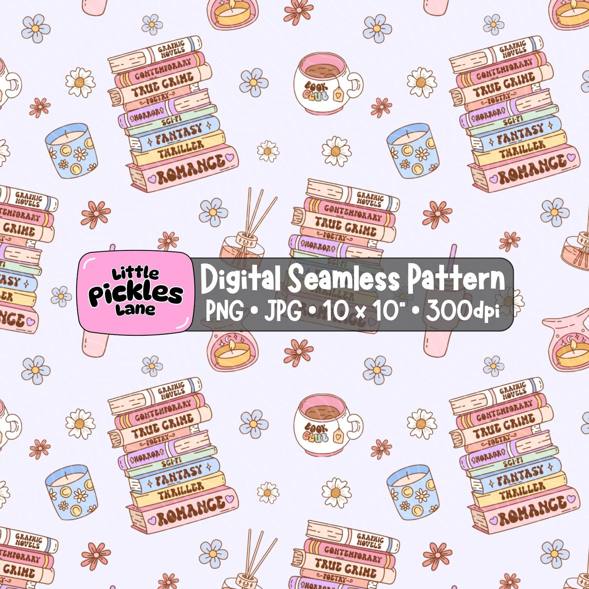 Book lover seamless digital paper with pastel reading club illustrations, stacked books, pink tumblers, cosy candles, daisies and coffee cups.