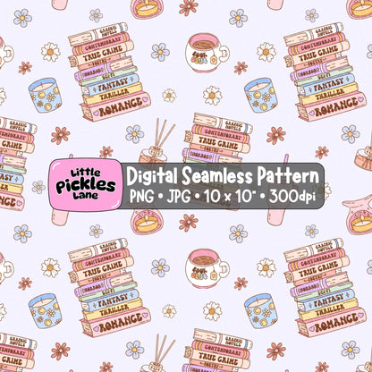 Book lover seamless digital paper with pastel reading club illustrations, stacked books, pink tumblers, cosy candles, daisies and coffee cups.