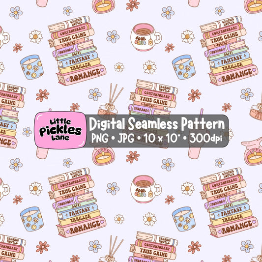 Book lover seamless digital paper with pastel reading club illustrations, stacked books, pink tumblers, cosy candles, daisies and coffee cups.