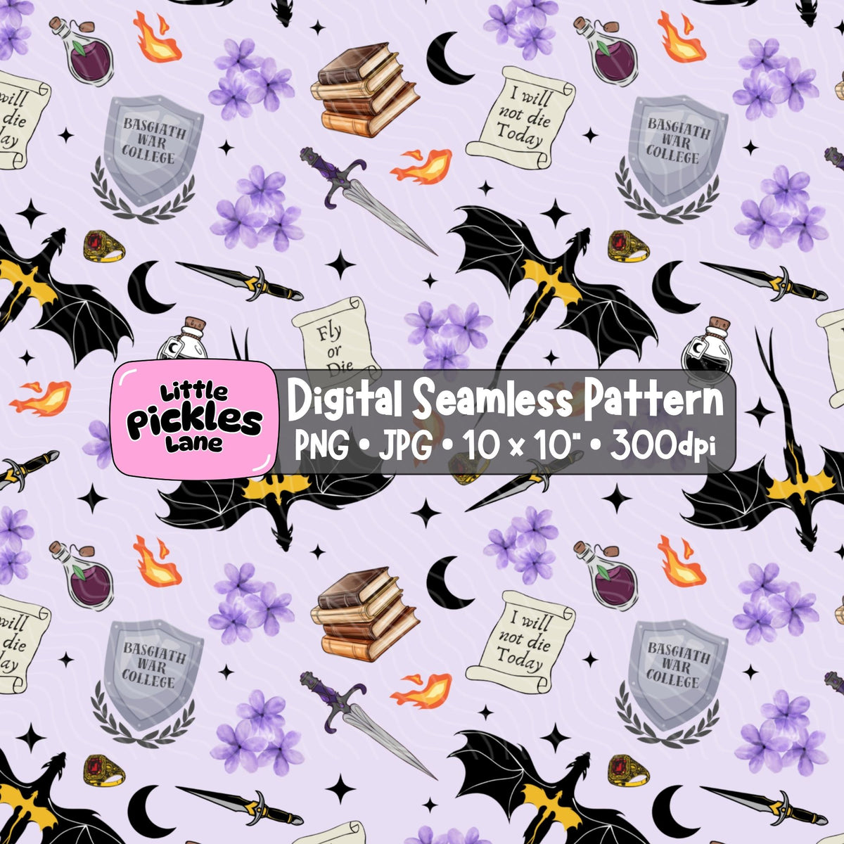 Fourth Wing inspired bookish seamless digital paper with black dragons, purple flowers, magical potions, swords and fantasy romance illustrations.