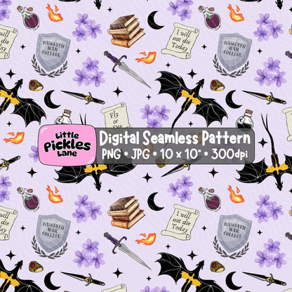 Fourth Wing inspired bookish seamless digital paper with black dragons, purple flowers, magical potions, swords and fantasy romance illustrations.
