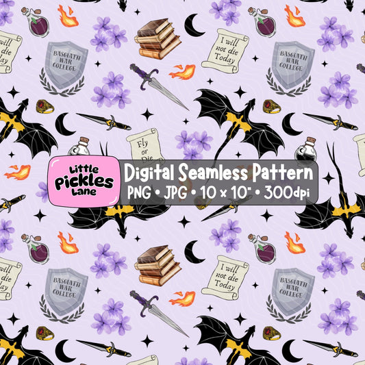 Fourth Wing inspired bookish seamless digital paper with black dragons, purple flowers, magical potions, swords and fantasy romance illustrations.