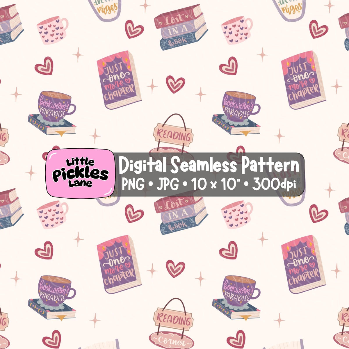 Book lover seamless pattern featuring pastel romance books, reading quotes, pink heart mugs, cosy coffee cups and hand drawn hearts on a cream background.