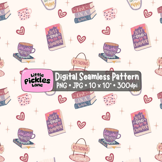 Book lover seamless pattern featuring pastel romance books, reading quotes, pink heart mugs, cosy coffee cups and hand drawn hearts on a cream background.