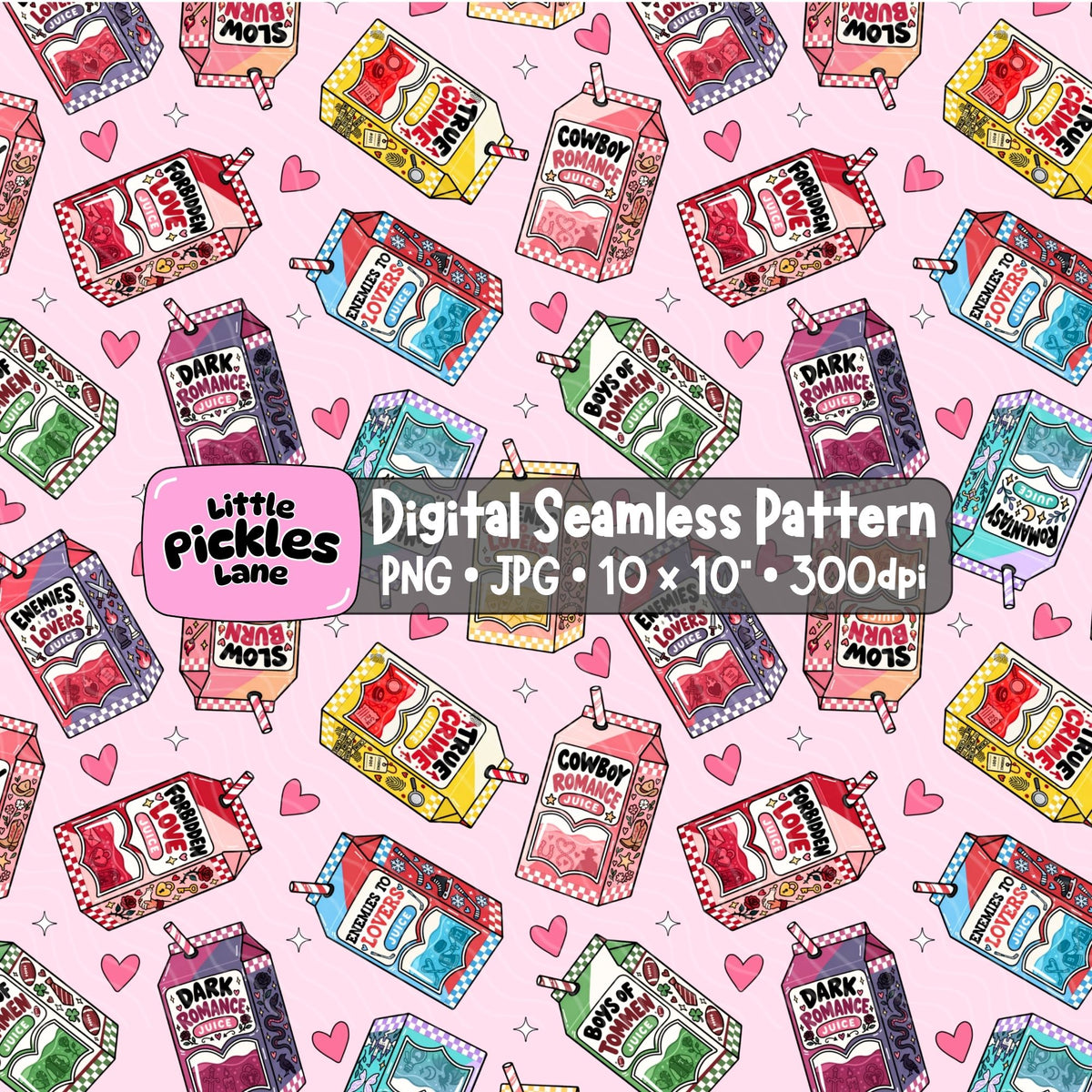 Colourful bookish romance tropes seamless digital paper with pink hearts and illustrated juice boxes for romance readers and craft projects