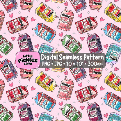 Colourful bookish romance tropes seamless digital paper with pink hearts and illustrated juice boxes for romance readers and craft projects