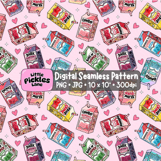 Colourful bookish romance tropes seamless digital paper with pink hearts and illustrated juice boxes for romance readers and craft projects