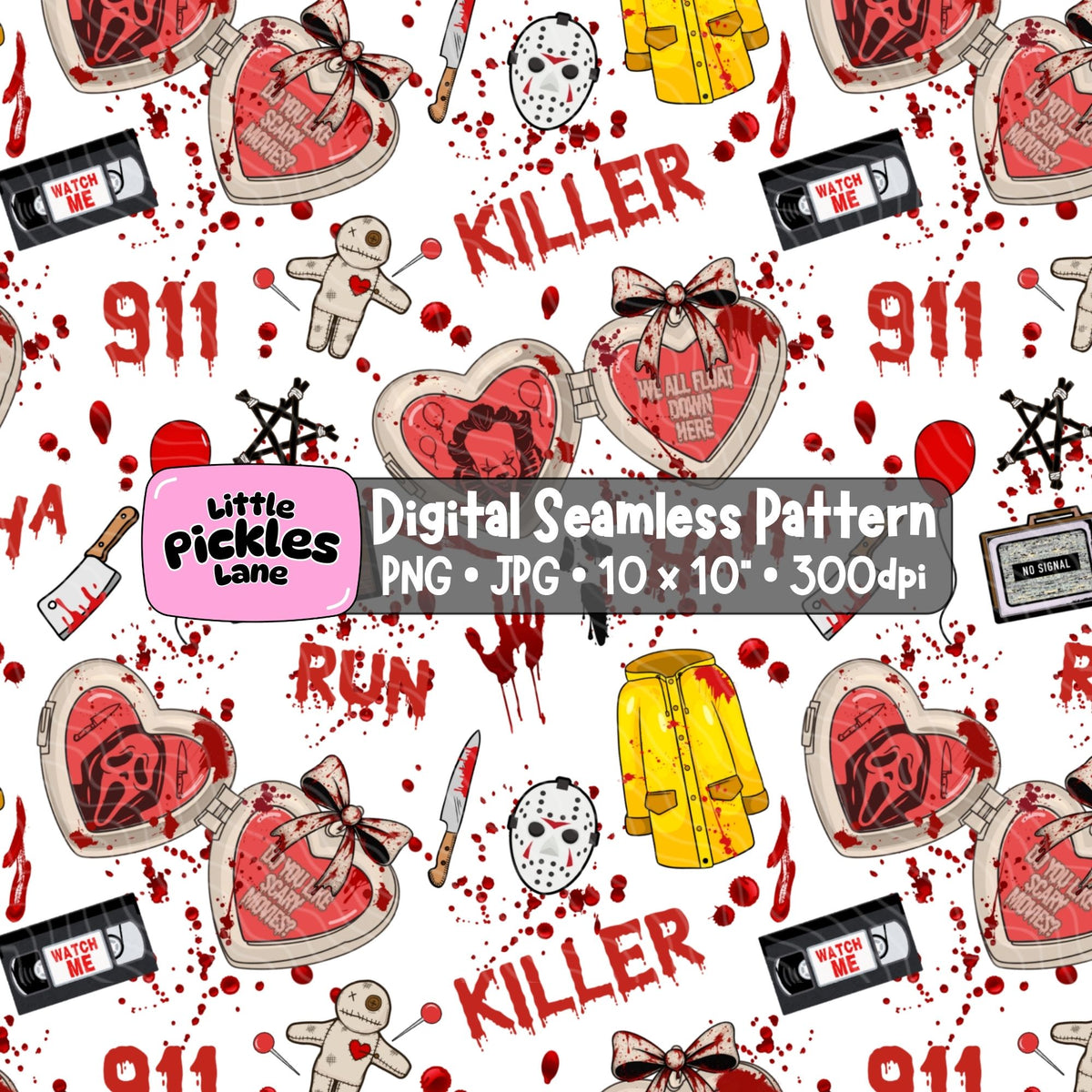 Halloween horror slasher seamless digital paper with creepy movie inspired illustrations, blood splatters, scary masks and red heart shaped lockets.