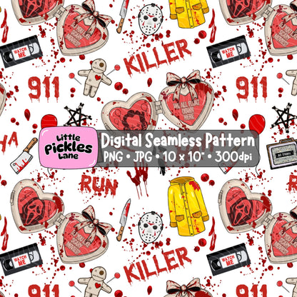 Halloween horror slasher seamless digital paper with creepy movie inspired illustrations, blood splatters, scary masks and red heart shaped lockets.