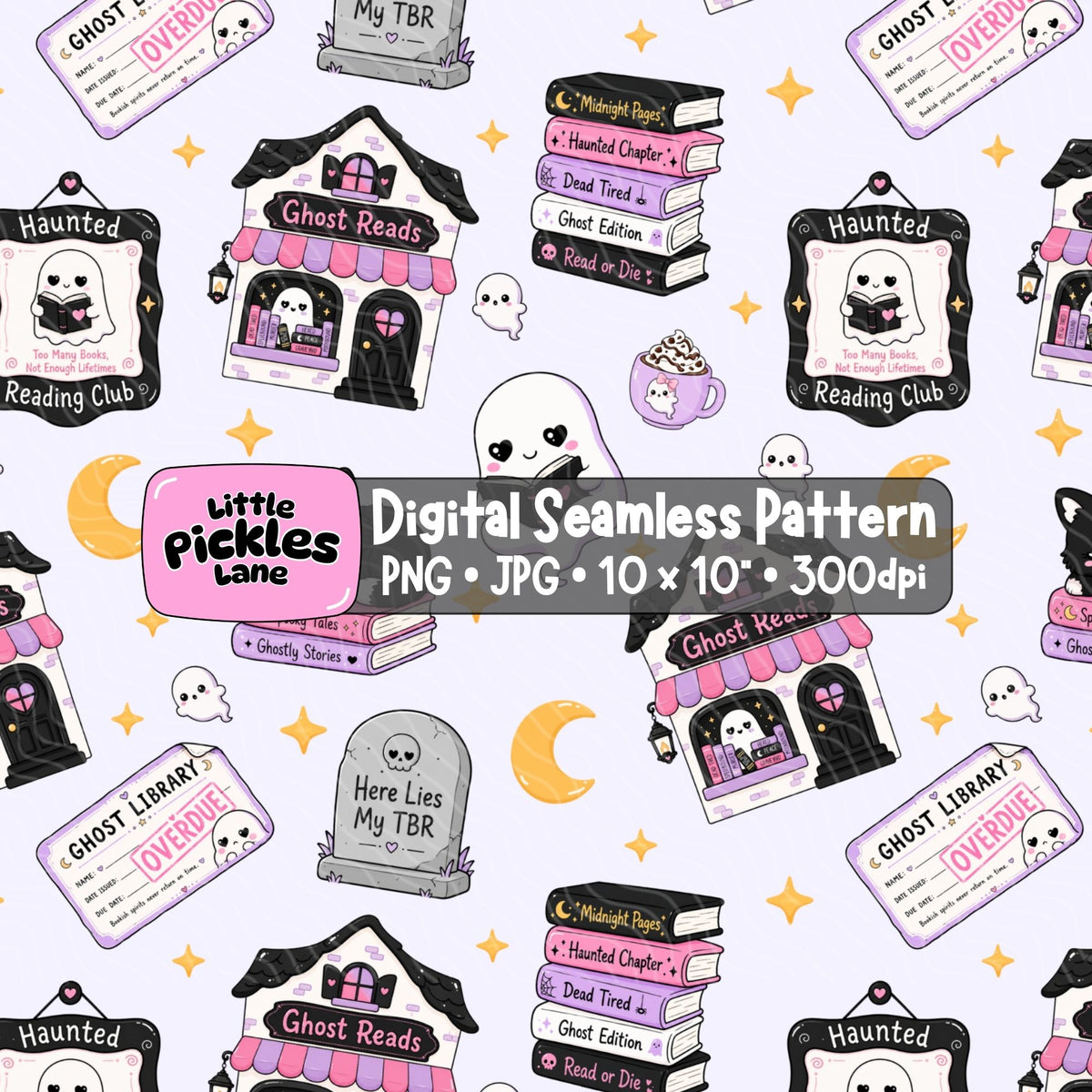 Cute Halloween bookish seamless digital paper with Ghost Reads bookshops, haunted reading club signs, ghost library cards and pastel pink books.