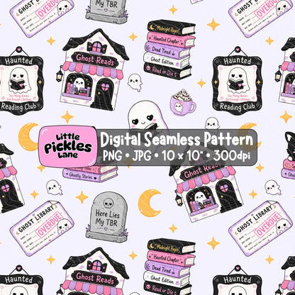 Cute Halloween bookish seamless digital paper with Ghost Reads bookshops, haunted reading club signs, ghost library cards and pastel pink books.