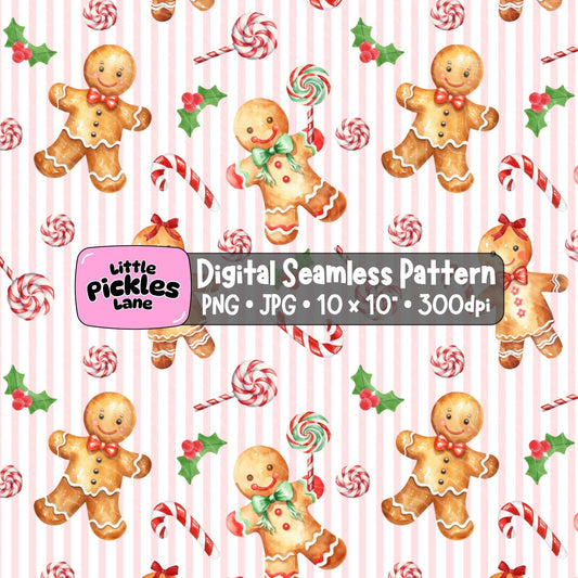 Cute pink gingerbread Christmas seamless pattern with watercolor gingerbread cookies, candy canes, peppermint lollipops and festive holly leaves.