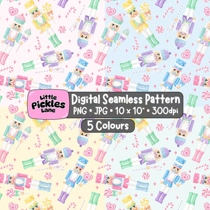 Pastel Christmas nutcracker seamless digital paper featuring colourful toy soldiers, pink candy canes, peppermint sweets and hearts in five colours.