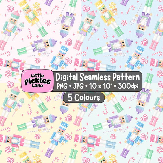 Pastel Christmas nutcracker seamless digital paper featuring colourful toy soldiers, pink candy canes, peppermint sweets and hearts in five colours.