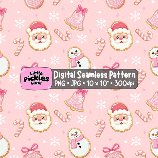 Pink Christmas cookies seamless pattern with cute Santa faces, snowmen, candy canes, pink festive bells and baubles on pastel pink digital paper.