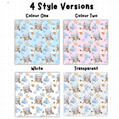 Four cozy winter bookish seamless pattern variations with pastel blue, pink, white and transparent background