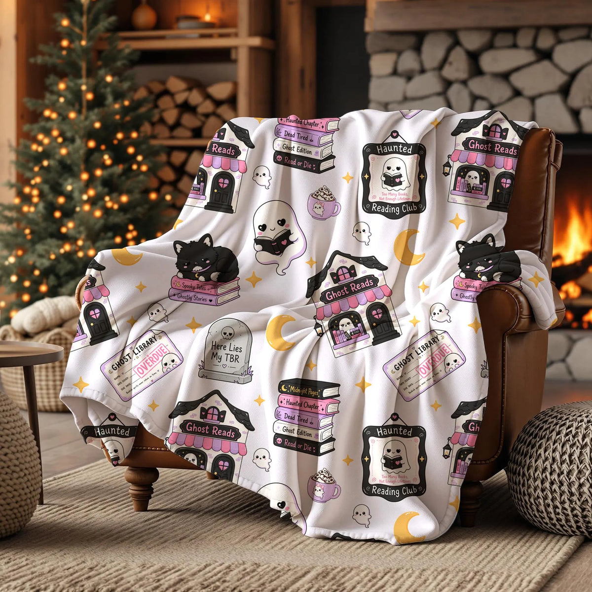 Ghost Reads Halloween seamless pattern printed on a throw blanket with pastel haunted bookstores, reading ghosts, crescent moons and book stacks.