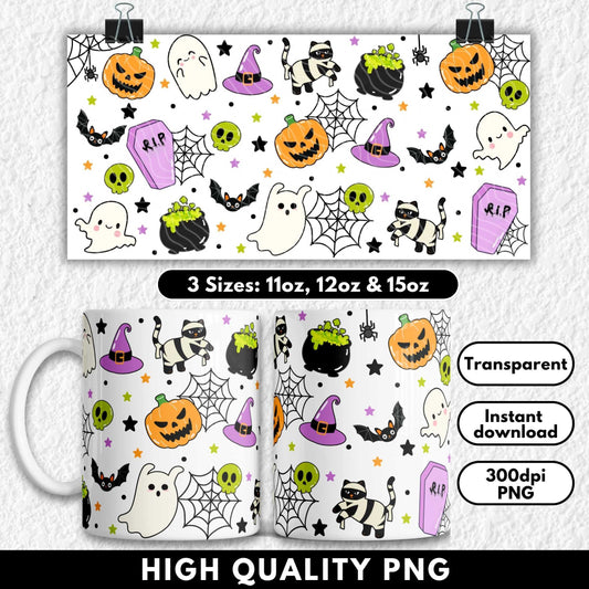 This playful Halloween sublimation mug design features cute ghosts, black bats, bubbling cauldrons, jack-o'-lantern pumpkins, green skulls, witch hats, purple coffins, and a mummy-wrapped black cat, all in a bold cartoon style. Perfect for 11oz, 12oz, and 15oz mugs, this high-quality PNG is ideal for spooky season crafting, Halloween gift ideas, or adding a fun twist to your seasonal drinkware.