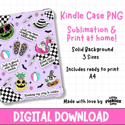 Kindle case with Halloween-themed stickers on a purple background, featuring text about digital download and print options.