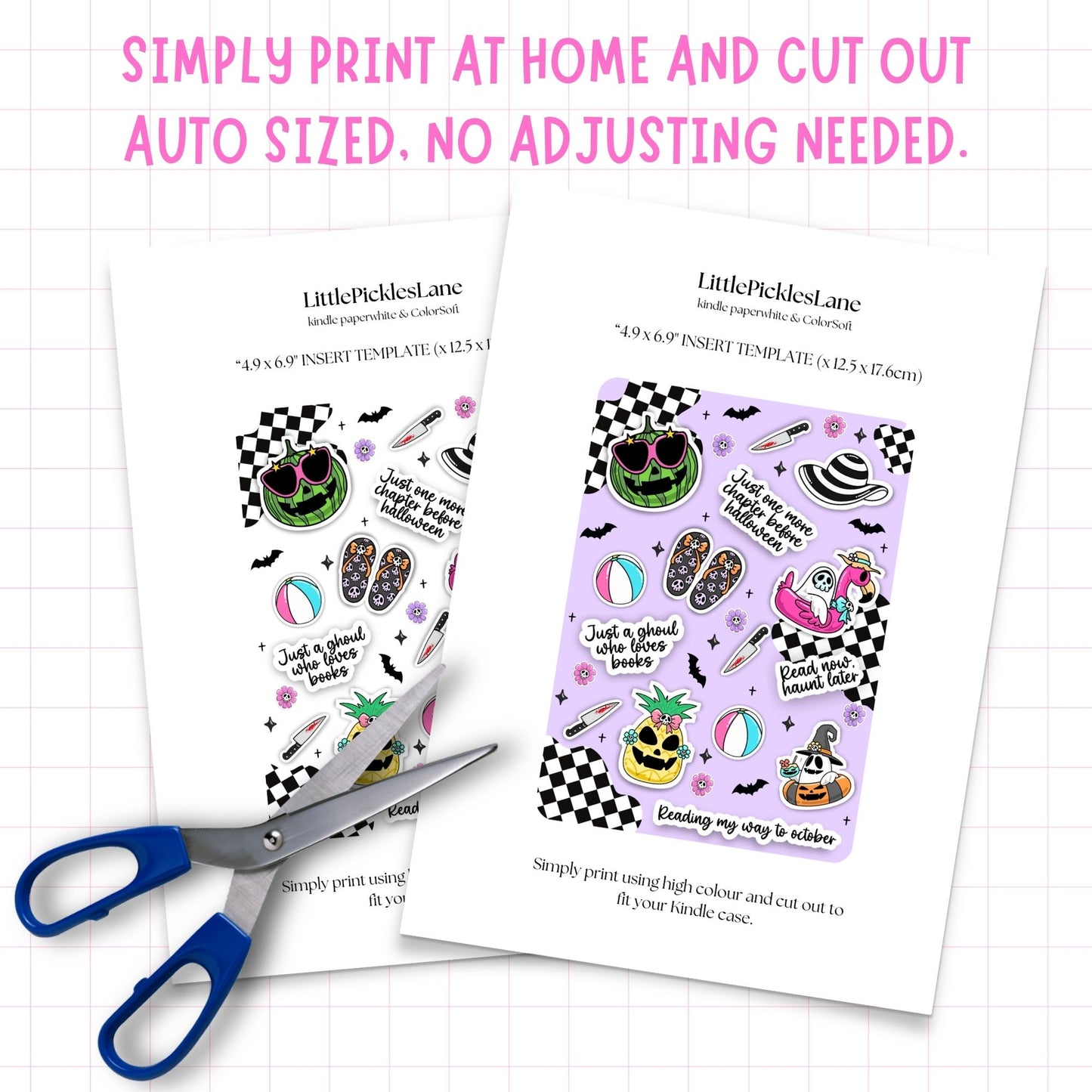 Two printed templates with Halloween-themed designs and a pair of scissors on a white background.