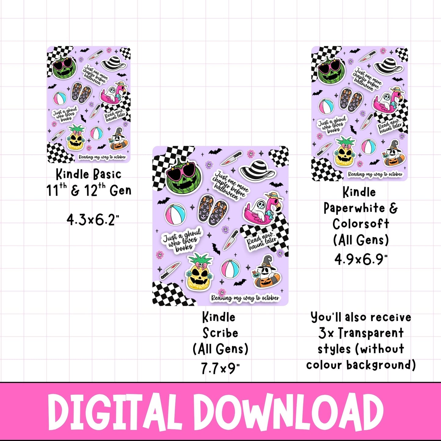 Three sizes of Kindle covers with cartoon designs on a grid background, labeled for different Kindle models.