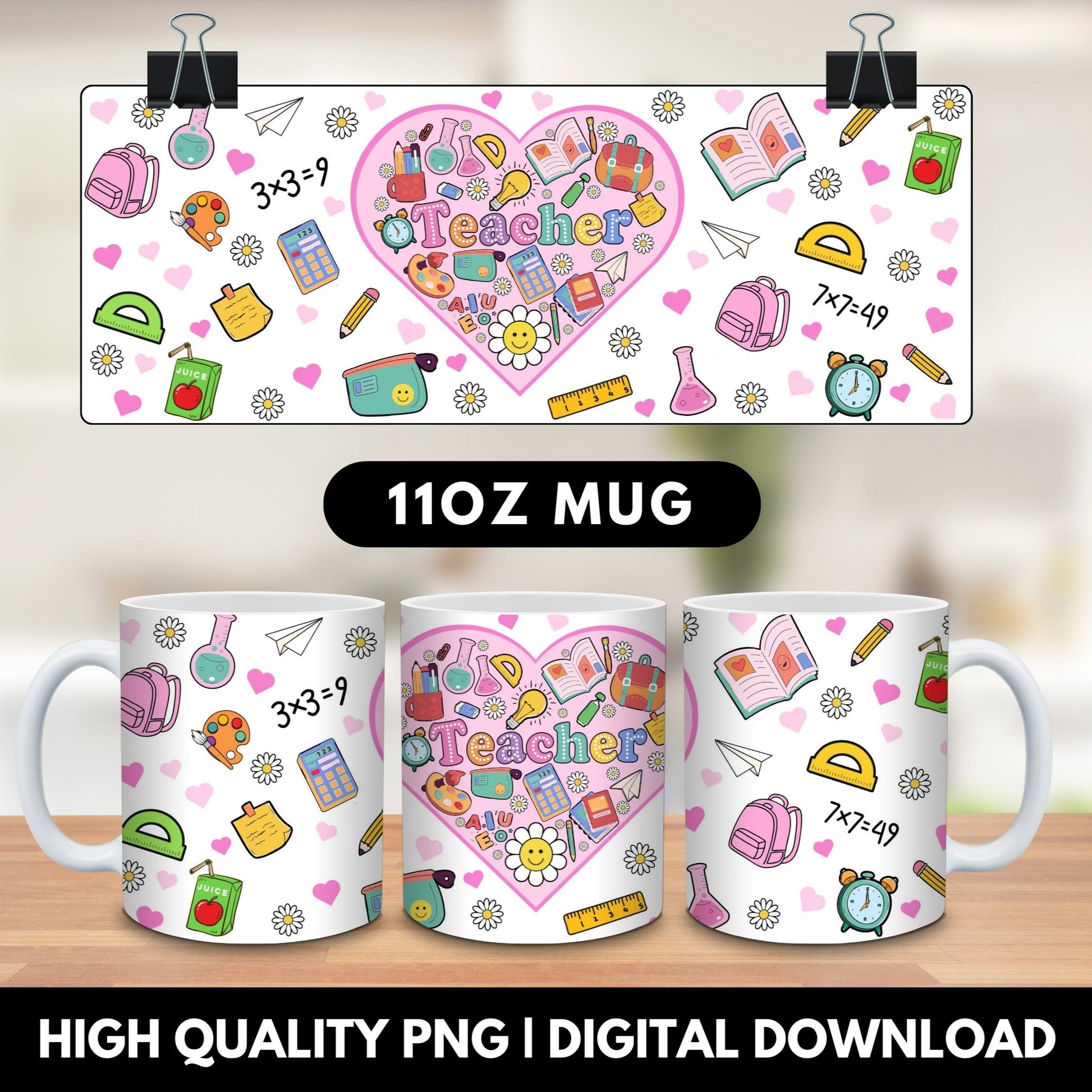 Colorful 'Teacher' heart 20oz skinny tumbler wrap PNG for sublimation featuring cute school supplies like books, calculators, rulers, backpacks, flowers, hearts, and paper airplanes on a black background. Perfect digital download for creating teacher appreciation gifts, custom drinkware, and back-to-school tumblers. Ideal for Cricut, sublimation projects, and personalized teacher gifts