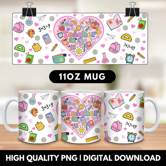 Colorful 'Teacher' heart 20oz skinny tumbler wrap PNG for sublimation featuring cute school supplies like books, calculators, rulers, backpacks, flowers, hearts, and paper airplanes on a black background. Perfect digital download for creating teacher appreciation gifts, custom drinkware, and back-to-school tumblers. Ideal for Cricut, sublimation projects, and personalized teacher gifts