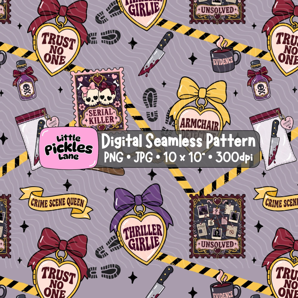 True Crime Junkie seamless pattern digital download in PNG and JPG format for true crime inspired crafts and personalised products.