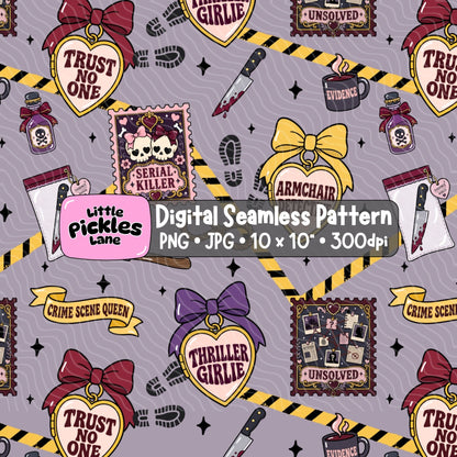 True Crime Junkie seamless pattern digital download in PNG and JPG format for true crime inspired crafts and personalised products.