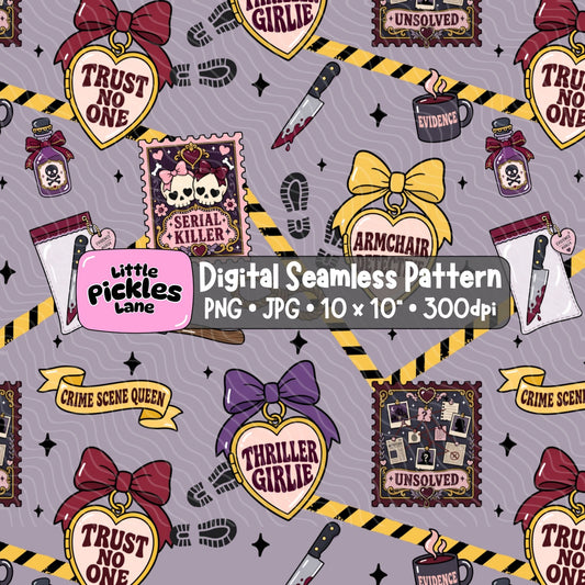 True Crime Junkie seamless pattern digital download in PNG and JPG format for true crime inspired crafts and personalised products.