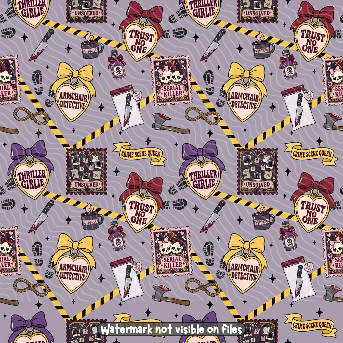 True Crime Junkie seamless digital paper featuring a repeating true crime themed design for podcast fans and crime mystery enthusiasts.