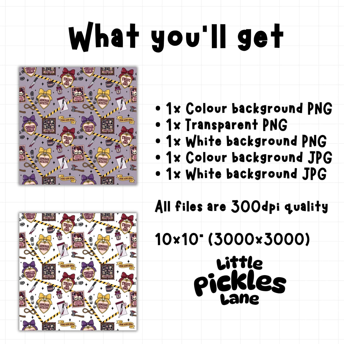 True Crime Junkie seamless digital pattern download showing 300 DPI PNG and JPG files, including a transparent PNG option.