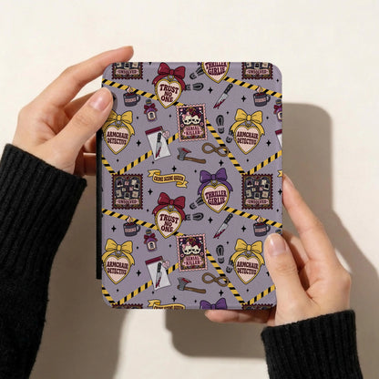 True Crime Junkie seamless pattern displayed on a Kindle cover with a repeating true crime themed design.