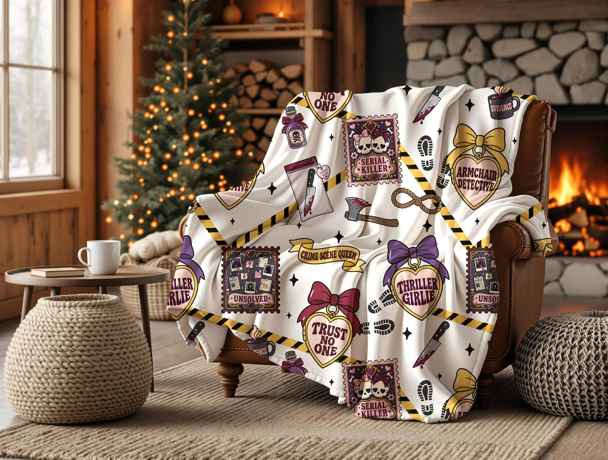 True Crime Junkie seamless digital paper displayed on a throw blanket with a repeating crime mystery themed pattern.