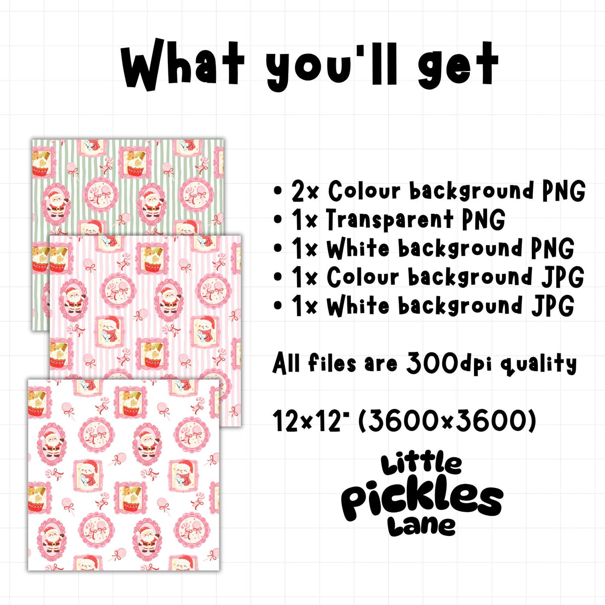 A digital listing graphic titled 'What you'll get' showing three pink patterned digital paper designs on a white grid background, with text listing included PNG and JPG files and the brand 'Little Pickles Lane'.
