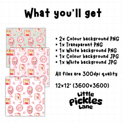 A digital listing graphic titled 'What you'll get' showing three pink patterned digital paper designs on a white grid background, with text listing included PNG and JPG files and the brand 'Little Pickles Lane'.