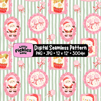 A digital seamless pattern design featuring cute cartoon Santa Claus illustrations inside pink frames, set against a background of light green and white vertical stripes. A black banner in the center displays the text 'Little Pickles Lane Digital Seamless Pattern PNG • JPG • 12 x 12" • 300dpi'.