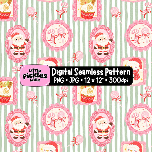 A digital seamless pattern design featuring cute cartoon Santa Claus illustrations inside pink frames, set against a background of light green and white vertical stripes. A black banner in the center displays the text 'Little Pickles Lane Digital Seamless Pattern PNG • JPG • 12 x 12" • 300dpi'.