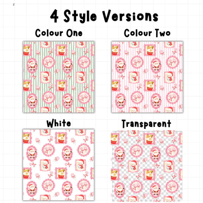 A product listing graphic showing four style versions of a repeating pattern: Colour One, Colour Two, White, and Transparent. Each square panel contains a pink and white illustrated pattern with cartoon faces, bows, and decorative elements.