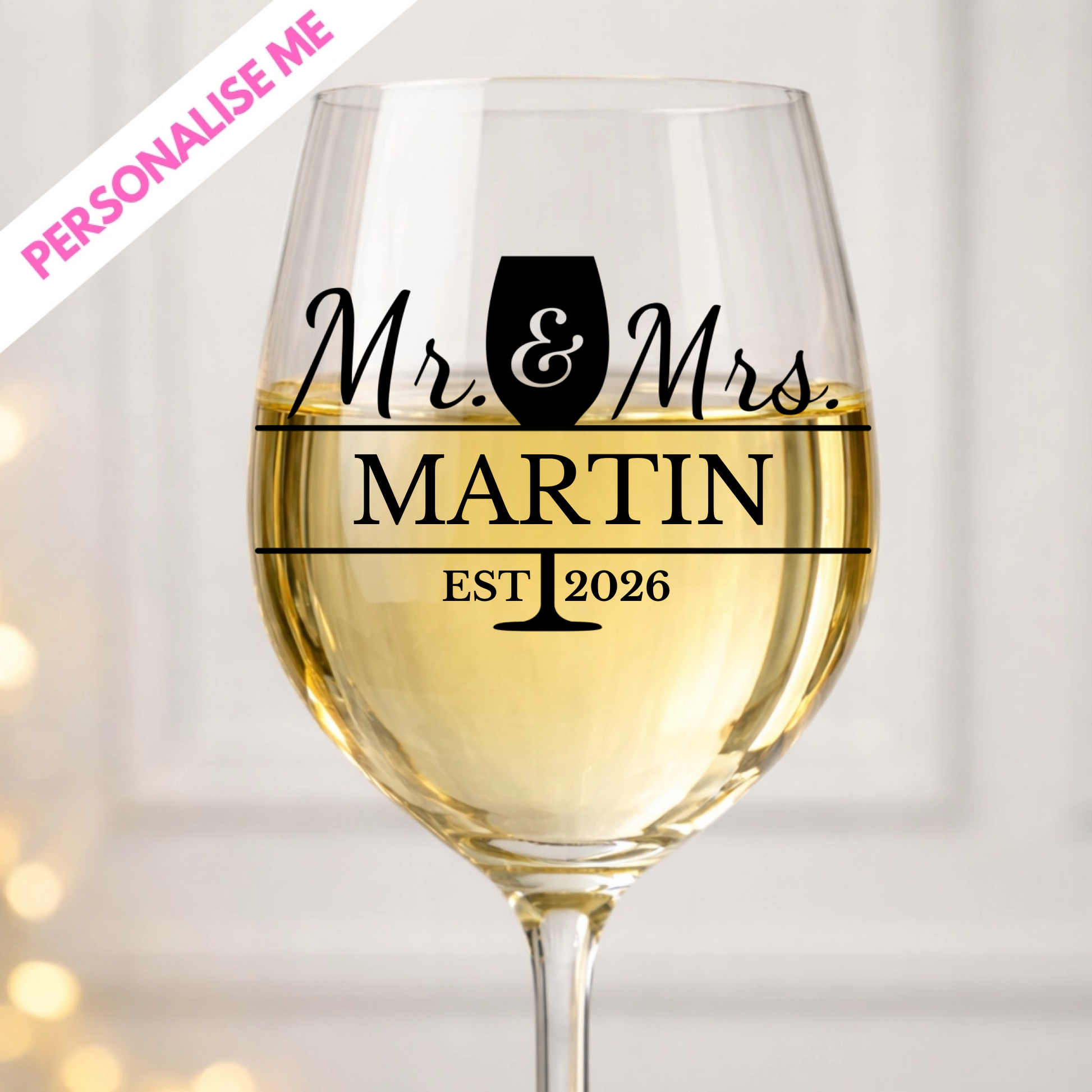 uvdtf wedding print shown on a white wine glass perfect for gifting the bride and groom
