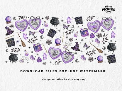 This witchy sublimation mug design features enchanting purple and black details including heart-shaped lockets with phrases like “Witch Please” and “Hex the Patriarchy,” tarot cards, crystal balls, spell books, potions, cauldrons, witch hats, brooms, mushrooms, and butterflies. Perfect for Halloween, BookTok witches, and everyday gothic magic vibes. High-resolution PNG sized for 11oz, 12oz, and 15oz mugs—ideal for spooky season gifts, witchy crafting projects, and mystical mug lovers