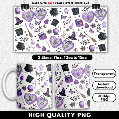 This witchy sublimation mug design features enchanting purple and black details including heart-shaped lockets with phrases like “Witch Please” and “Hex the Patriarchy,” tarot cards, crystal balls, spell books, potions, cauldrons, witch hats, brooms, mushrooms, and butterflies. Perfect for Halloween, BookTok witches, and everyday gothic magic vibes. High-resolution PNG sized for 11oz, 12oz, and 15oz mugs—ideal for spooky season gifts, witchy crafting projects, and mystical mug lovers