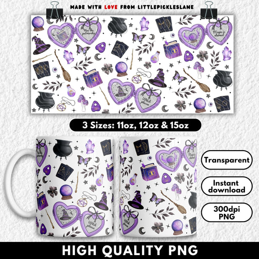 This witchy sublimation mug design features enchanting purple and black details including heart-shaped lockets with phrases like “Witch Please” and “Hex the Patriarchy,” tarot cards, crystal balls, spell books, potions, cauldrons, witch hats, brooms, mushrooms, and butterflies. Perfect for Halloween, BookTok witches, and everyday gothic magic vibes. High-resolution PNG sized for 11oz, 12oz, and 15oz mugs—ideal for spooky season gifts, witchy crafting projects, and mystical mug lovers